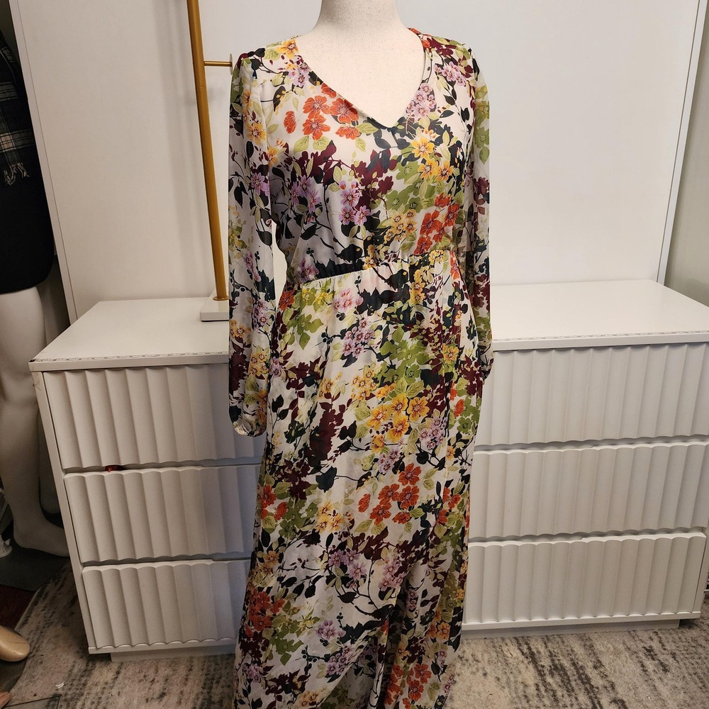 M Floral Long Sleeve Maxi Dress by INC, Size Medium